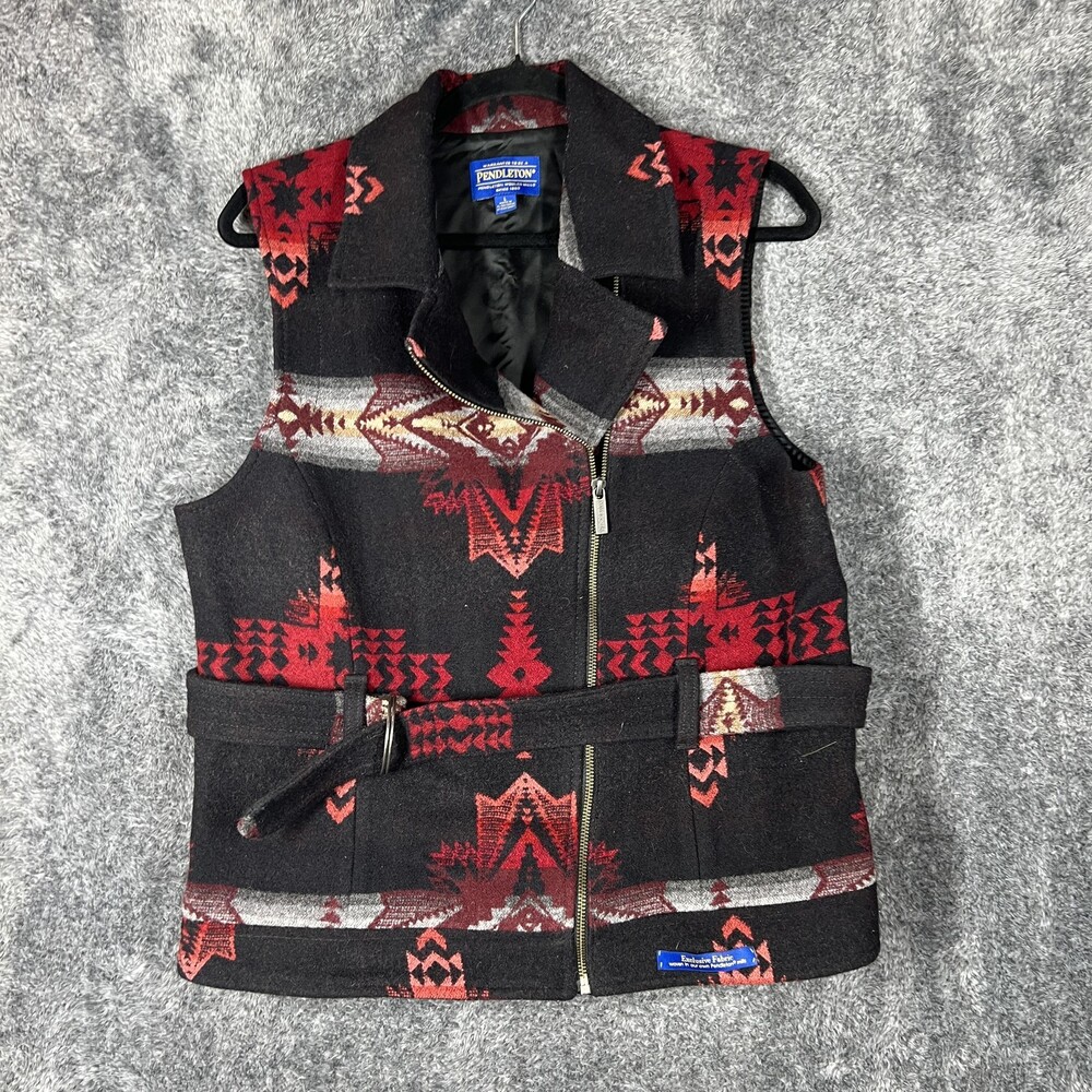 Pendleton Vest Womens Large Black Wool Southwestern Belted Full Zip Western